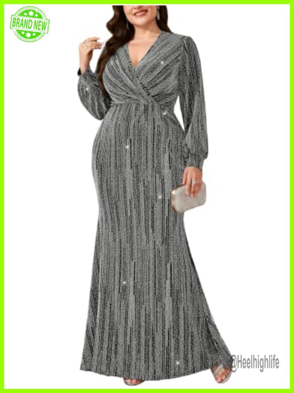 Plus Size Glitter Mermaid Maxi Evening Gown Puff Sleeve Slit Formal Dress